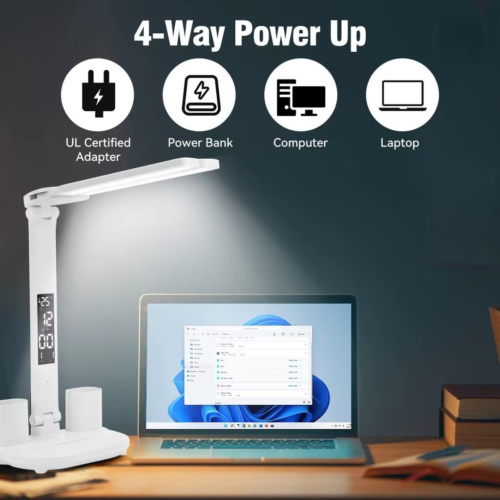 LED Table Lamp USB Chargeable Dimmable Clock Desk Lamps 2 Heads 180 Rotate Foldable Eye Protection Desktop Reading Night Lights