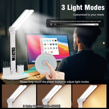 LED Table Lamp USB Chargeable Dimmable Clock Desk Lamps 2 Heads 180 Rotate Foldable Eye Protection Desktop Reading Night Lights