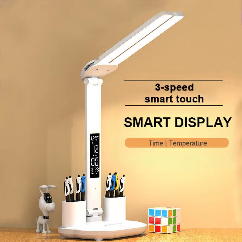 LED Table Lamp USB Chargeable Dimmable Clock Desk Lamps 2 Heads 180 Rotate Foldable Eye Protection Desktop Reading Night Lights